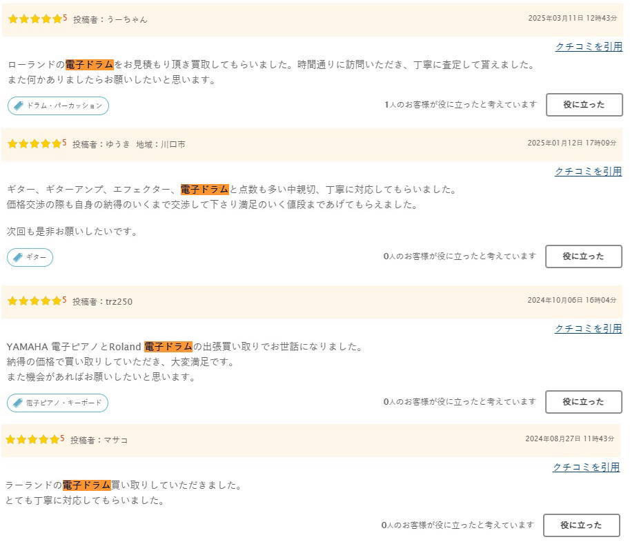 楽器の買取屋さん」の電子ドラム買取の評判や口コミ1