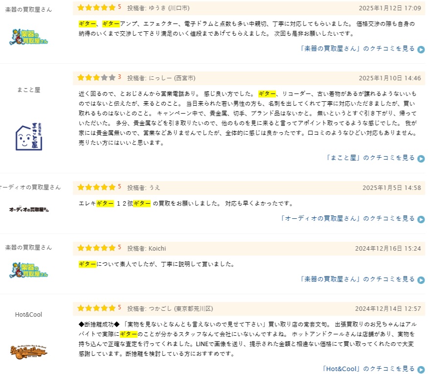 ギター買取の口コミ３（ヒカカク）